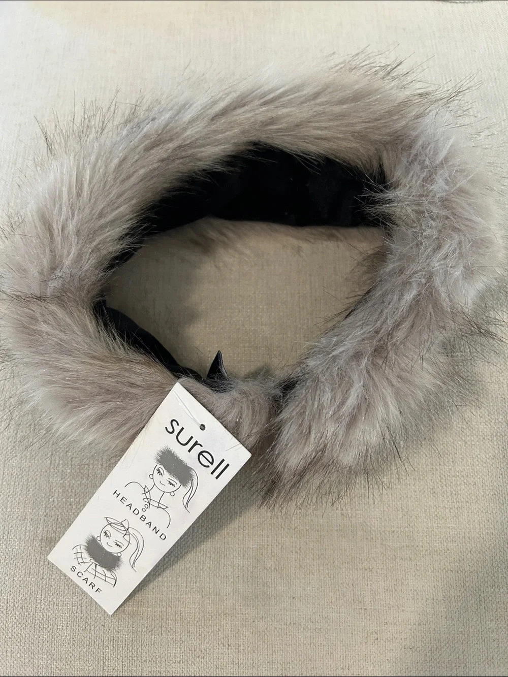 SURELL Faux Fur Headband/Scarf, Greys, NEW with tags